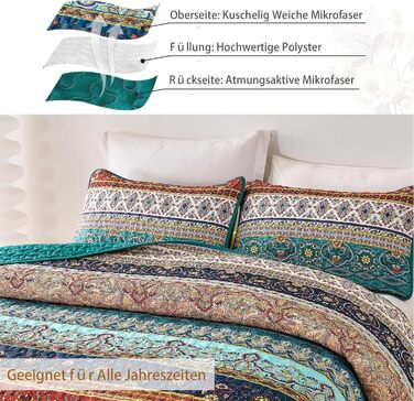 Покривало WONGS BEDDING Boho 220x240 см, стьобане, мікрофібра, комплект 3 в 1 (2 наволочки 50x70), для двоспального ліжка та дивана, бежево-зелене, для спальні
