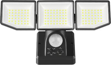 LED прожектор з датчиком руху для вулиці, 6000 Лм, 38Вт, суперяскравий, з трьома регульованими головками, 6500K холодне біле світло, IP65 водонепроникний, для гаража, саду, двору