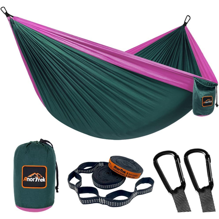 Кемпінгова нейлонова гамак AnorTrek 300x200 см, суперлегкий, портативний, з двома ременями для дерев, для одного або двох, синій та темно-синій
