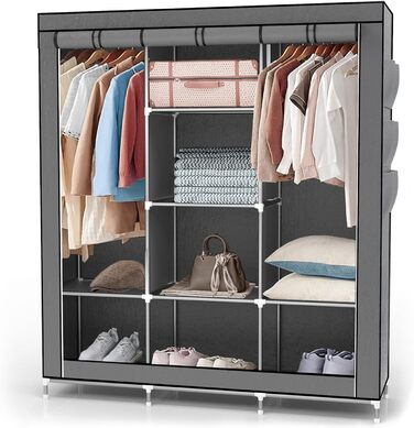 Складана текстильна шафа INTIRILIFE 130x175x45 см, сірий, з блискавкою, полицями, штангою та кишенею — шафа для одягу для дому й кемпінгу