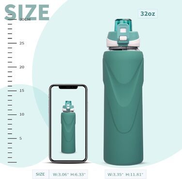 Скляна пляшка для води 1 л з трубочкою, BPA free, боросилікат, силіконова обгортка, темно-зелена