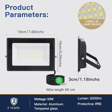 LED прожектор 50Вт для вулиці, 5000Лм, 72 LED, IP65, холодне біле світло 6500K, 230В, водонепроникний, для гаража та саду, чорний, 2 шт.