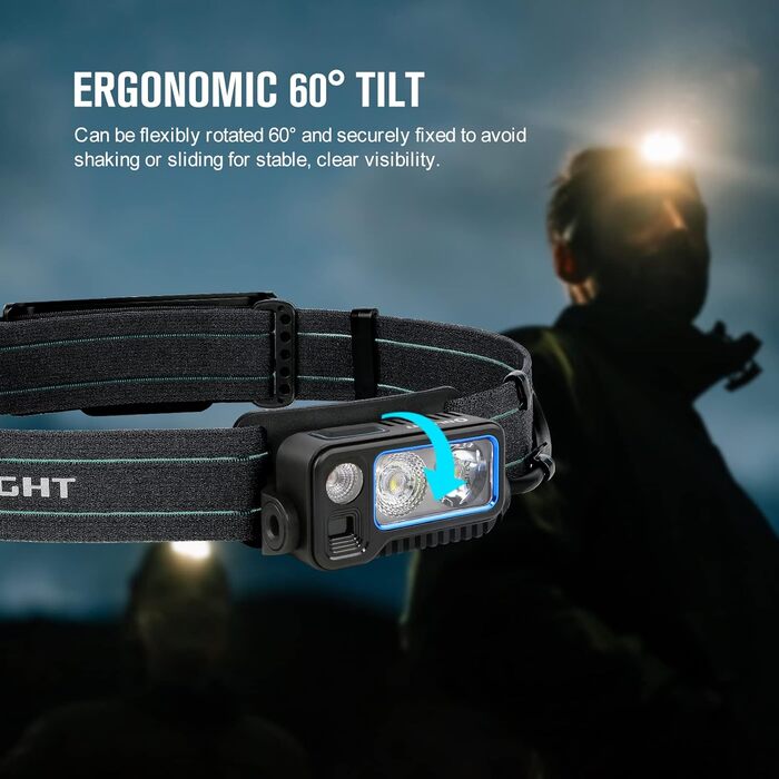 Налобний ліхтар OLIGHT Array 2 Pro з LED, жестовим сенсором, 1500 лм, 150 м, USB-C, акумуляторний, 3 режими з червоним світлом, 60° регулювання, міні-ліхтар, SOS-модуль