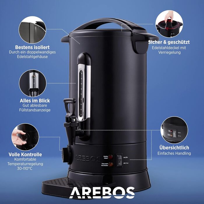 Електричний нагрівач для глінтвейну AREBOS 20 л, 1650 Вт, диспенсер для гарячих напоїв з термостатом, захистом від перегріву, чорний