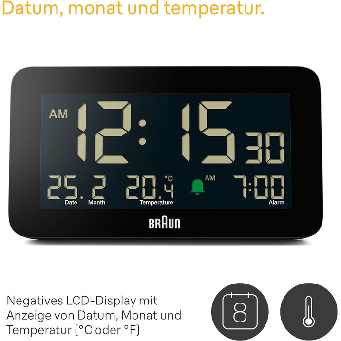 Цифровий годинник Braun BC10B з будильником, датою, місяцем, термометром, LCD-дисплеєм, швидким налаштуванням, чорний