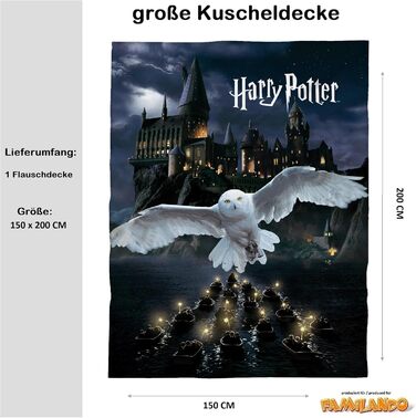 М'який плед Harry Potter з флісу 150x200 см, чорний, з Хогвартсом і совою – ковдра для дивана, покривало
