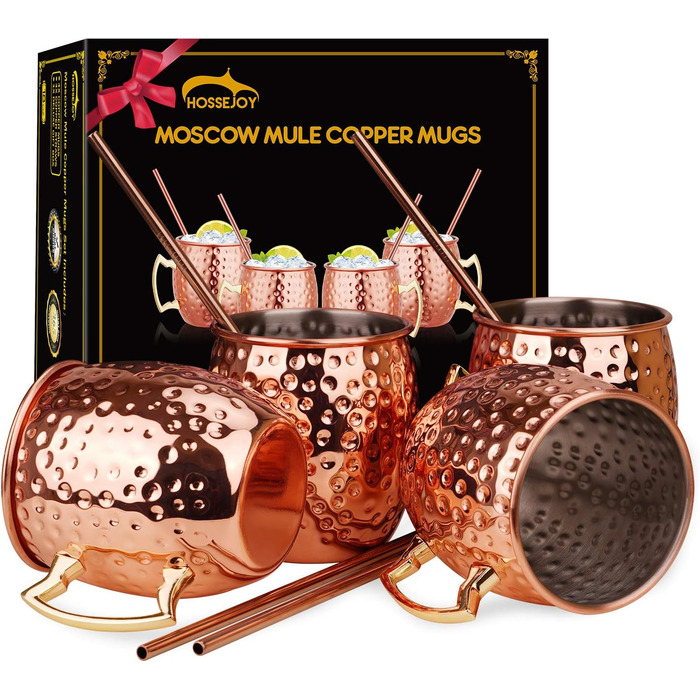 Набір мідних кухлів для Moscow Mule, 4 шт. по 550 мл з трубочками у подарунковій коробці – 100% мідь для коктейлів і охолоджених напоїв