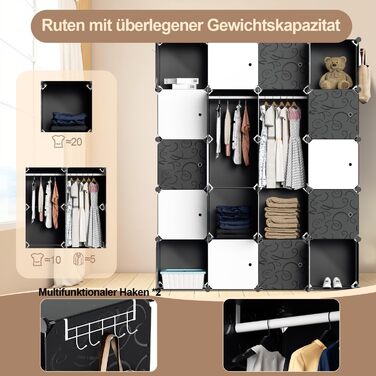 Модульна шафа-гардероб з пластику DIY, 16 кубів, чорна, з дверцятами, 180x142x37 см, для одягу, відкрита, чорний і білий, 20 кубів