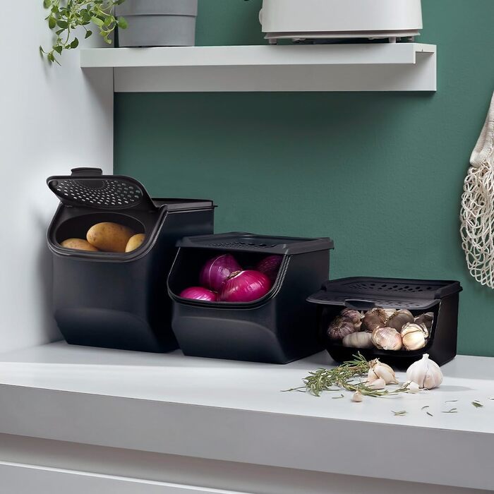Набір контейнерів Tupperware для картоплі, цибулі та часнику PotatoSmart 8,3 л, OnionSmart 5,5 л, GarlicSmart 2,3 л — інноваційні контейнери для зберігання овочів з оптимальною вентиляцією, штабельовані, для посудомийної машини
