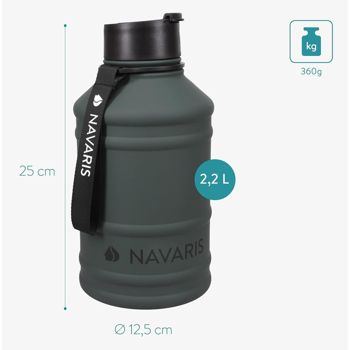 Navaris Фітнес-пляшка 2,2 л із нержавіючої сталі для спорту, велика спортивна пляшка для води, BPA вільна
