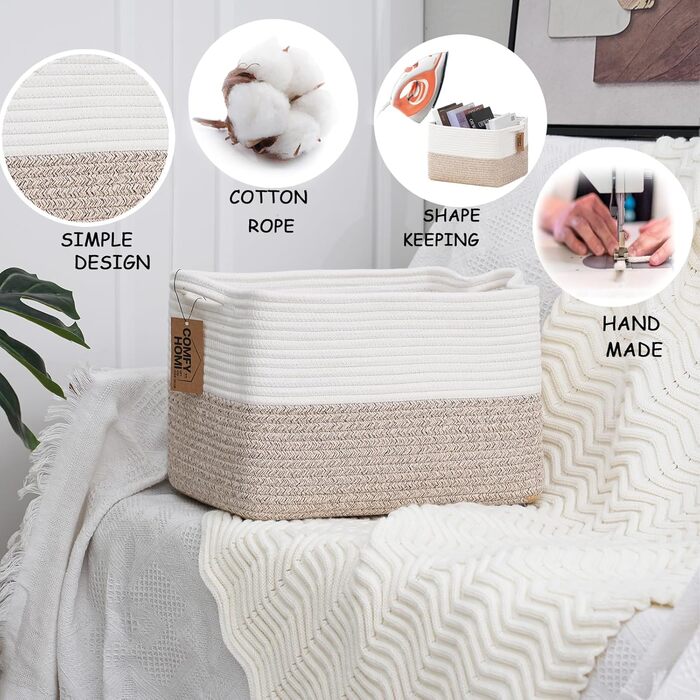 Плетений кошик COMFY-HOMI з бавовняного шнура з ручками для зберігання іграшок, книг і речей, органайзер для полиць, 34,3x27,9x24,1 см, біло-коричневий