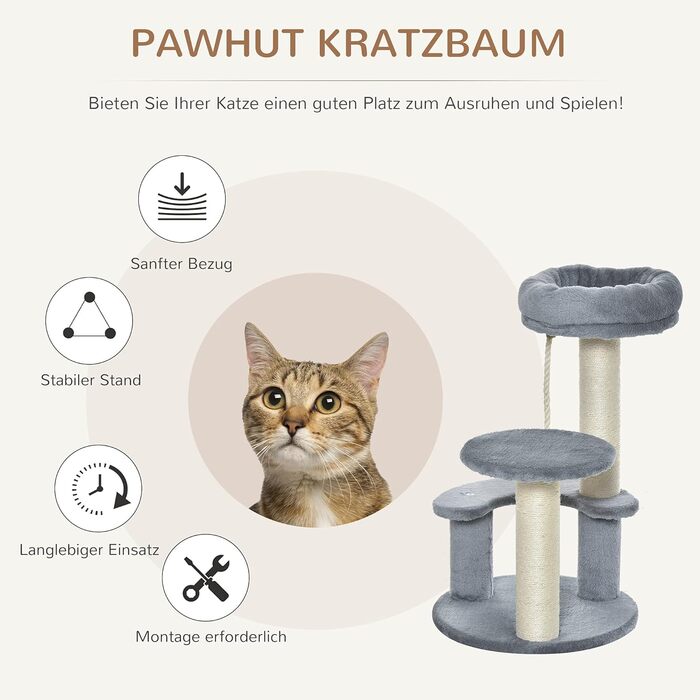 Дерево для котів PawHut, 3-рівневе, з гамаком, лежаком і когтеточкою, сіре, 65 см