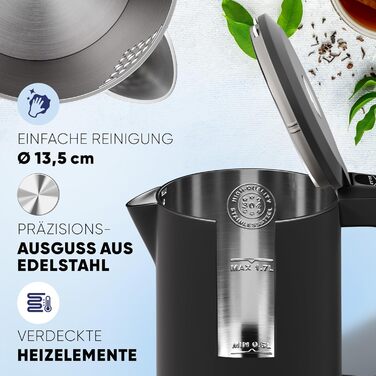 Електрочайник Stillstern 1,7 л з регулюванням температури, нержавіюча сталь, антивідбитки, підтримка тепла 12 годин, тихий, швидке нагрівання 2200 Вт