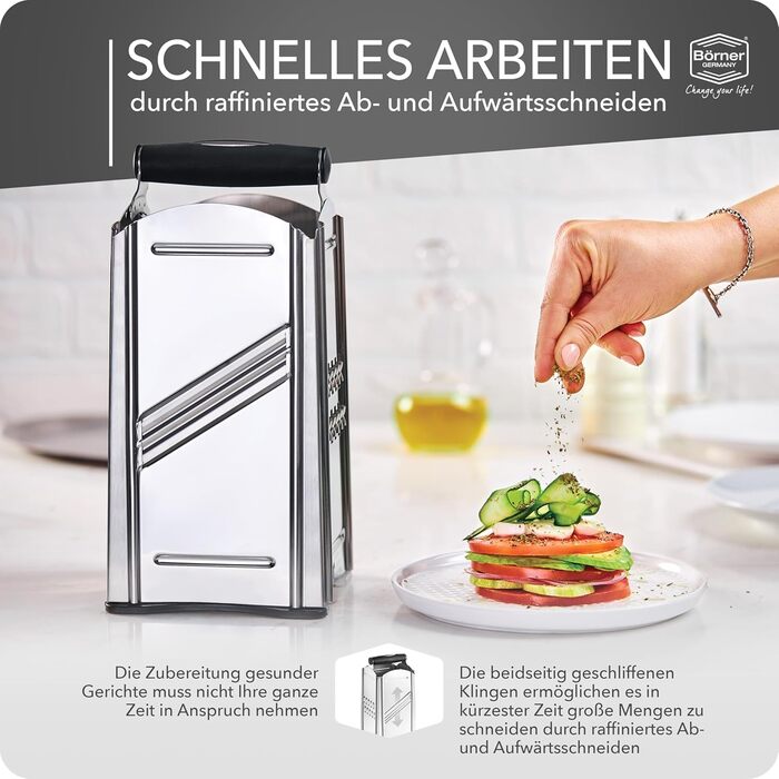 Кухонна терка Börner Combi Chef з контейнером, нержавіюча сталь, 4 насадки — для сиру, овочів, цедри