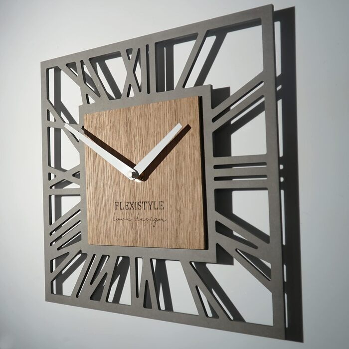 Сучасний настінний годинник FLEXISTYLE LOFT Piccolo Square 30 см, безшумний, для вітальні та ванної, сірий дуб