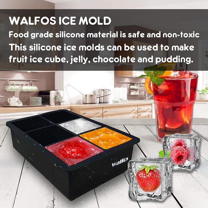 Силіконові форми для льоду Walfos, 2 шт., великі, з кришкою, BPA-free, для коктейлів, віскі, шоколаду, дитячого харчування, гнучкі, легке виймання, підходять для посудомийної машини