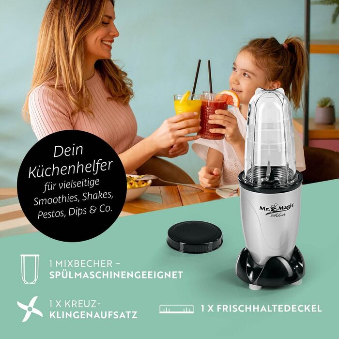Блендер GOURMETmaxx Mr. Magic Mixer 4-в-1, міксер для смузі, подрібнювач, 8 функцій, з чашею та кришкою, для шейків, смузі, коктейлів