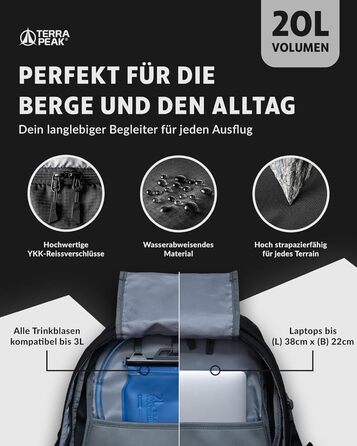 Туристичний рюкзак 20 л Flex 20 Premium з вентиляцією спини, питною системою та дощовиком – трекінговий рюкзак з 3D Air Mesh поліестеру, поясним ременем