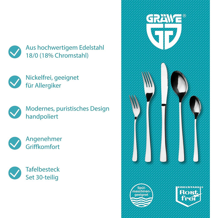 Столовий набір GRÄWE Würzburg з нержавіючої сталі для 6 осіб, 30 предметів, нікель-без, антикорозійний, ручне полірування, підходить для посудомийної машини