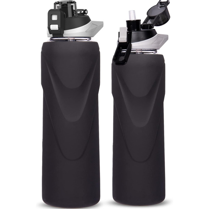 Скляна пляшка для води 1 л з трубочкою, боросилікатне скло, BPA-free, з силіконовим чохлом, чорна