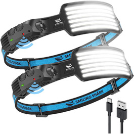 Налобний ліхтар Smiling Shark 2 шт. з широким кутом, 6 LED, яскраве біле світло, водонепроникний, акумуляторний, для кемпінгу, бігу, риболовлі