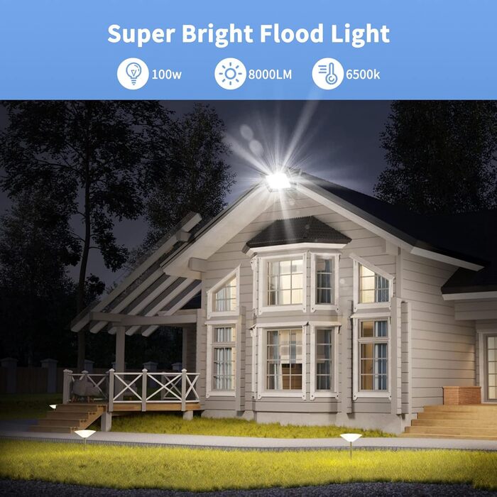 LED прожектор Viugreum 100Вт 8000Лм IP65 холодне світло, зовнішній, комплект 2 шт, для двору, гаража, під'їзду, з кабелем 50 см