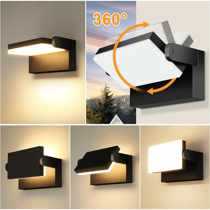 LED зовнішні настінні світильники Ledmo 60W, 5000 Лм, 360° поворот, IP65, тепле світло 3000K, білі, для тераси, входу, саду, 4 шт.
