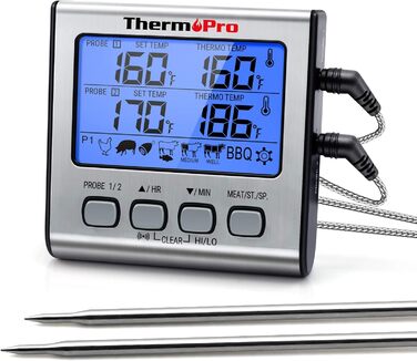 Цифровий термометр для гриля та м'яса ThermoPro TP17 з двома нержавіючими зондами, синім підсвічуванням, діапазон температур до 300°C