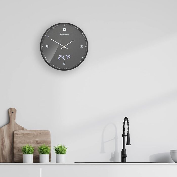Стінастий годинник Bresser MyTime, 24 см, радіокерований, безшумний, з LED секундною індикацією, вимірюванням температури, сірий