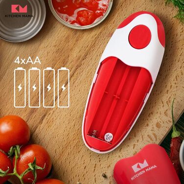 Електричний консервний ніж Kitchen Mama Auto 2.0, автоматичний, батарейковий, нержавіюча сталь, гладкий зріз, для всіх банок, червоний