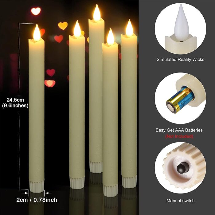 LED свічки Ymenow з таймером, набір 6 шт. 24,5 см, електричні свічки з натурального воску, мерехтливе полум'я, 2 пульти, для спальні, вітальні, декору Хелловін та Різдва