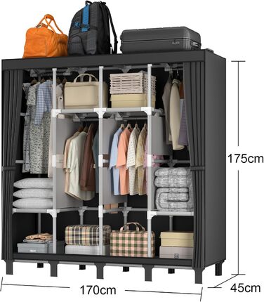 Тканинна шафа LOEFME 170x175x45 см для спальні, чорна, з 2 рейками для вішалок