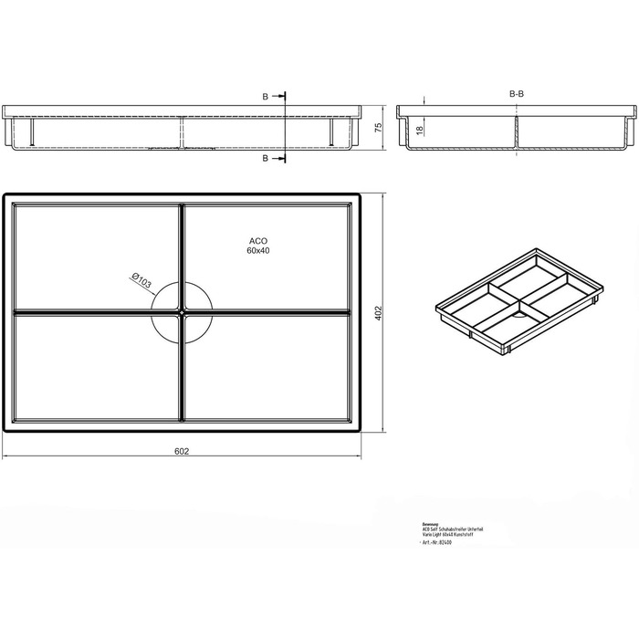 ACO килимок для взуття 600x400 мм, рифлений, антрацит, з піддоном Vario Light, грязезахисний ворсовий абсорбент