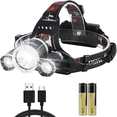 Налобний ліхтар BORUIT RJ3000 LED, 5000 люмен, водонепроникний IPX5, акумуляторний, 4 режими, для дорослих і дітей, для бігу, риболовлі, кемпінгу
