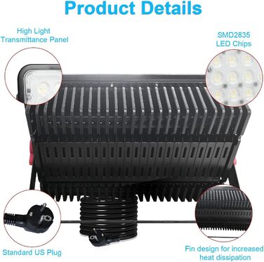 LED прожектор для вулиці 400Вт, 2 шт, 40000Лм, 6500K холодне світло, IP66 водонепроникний, для саду, гаража, спортмайданчика, двору, LED прожектор будівельний