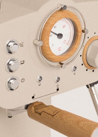 Еспресо-машина CREATE THERA MATT RETRO, напівавтоматична, кремово-біла матова з деревом, 15 бар, 1100 Вт, резервуар 1,25 л, для меленої кави та ESE-подушечок, 55 мм (пісочний матовий – дерево)