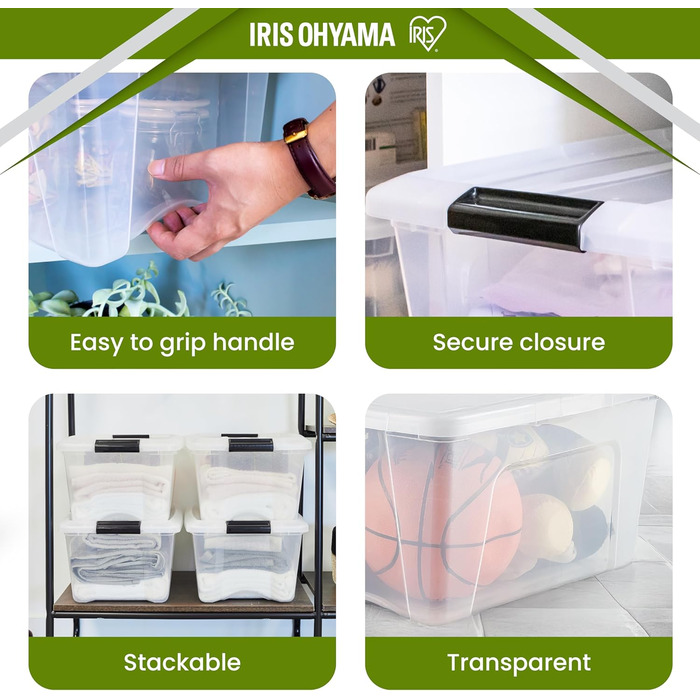 Пластикова коробка для зберігання Iris Ohyama TB-45 з кришкою, 45 л, прозора, набір 6 шт., із ручками та засувками, для одягу, дому, гаража, офісу, міцна, стійка до навантажень, штабельована