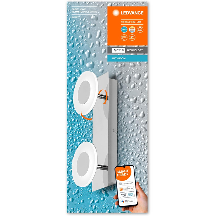 Світильник LEDVANCE Smart LED для ванної кімнати, круглий, хром, 30 см, 1200 лм, 3000-6500K, IP44, диммований, керування через Wi-Fi, додаток і голосовий асистент
