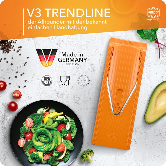 Овочерізка Börner V3 Profi Set — універсальна кухонна терка для нарізки скибочками, соломкою, кубиками, з регульованим V-подібним лезом з нержавіючої сталі, помаранчева