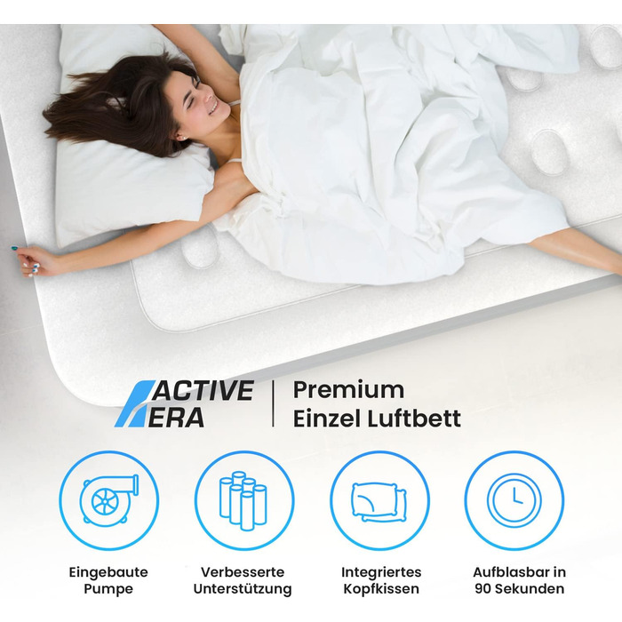 Надувне ліжко Active Era Premium для 1 людини, самонадувна матрац з електричною помпою та вбудованою подушкою, 99x187x53 см, ідеально для кемпінгу та гостей