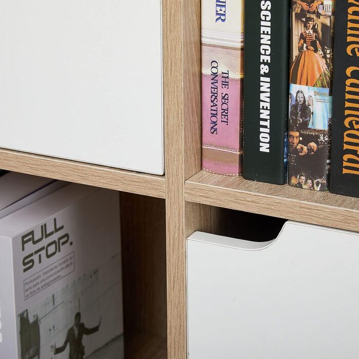 Багатоярусна книжкова полиця з дерева, шафа для зберігання книг і DVD, 6 відділень з 3 дверцятами, біла з дерев'яними вставками