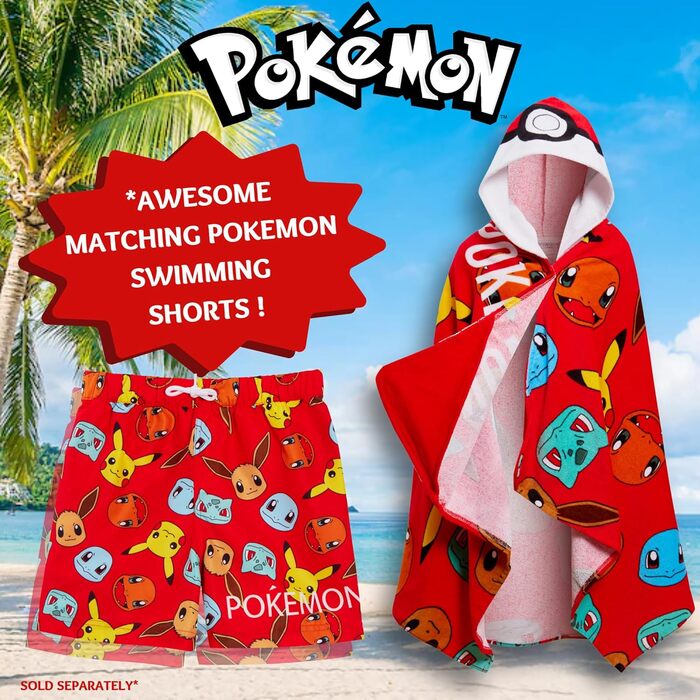 Дитячий пончо-рушник Pokemon з капюшоном, 100% бавовна, Покебол, Пікачу, пляжне та банне покривало