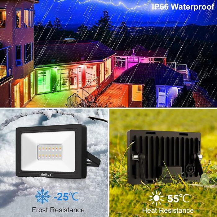 Світлодіодний RGB прожектор MEIHUA 25W, 2 шт, IP66, з пультом, 10 кольорів, 12 режимів, діммер, таймер, для вулиці та приміщення, пам’ять налаштувань, для саду, дерева, ландшафту