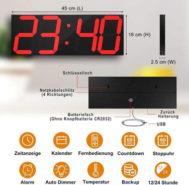 LED настінний годинник 18 дюймів, цифровий дисплей, червоний, багатофункціональний: таймер, 16 будильників, 8 рівнів яскравості, календар, термометр, 12/24 годин