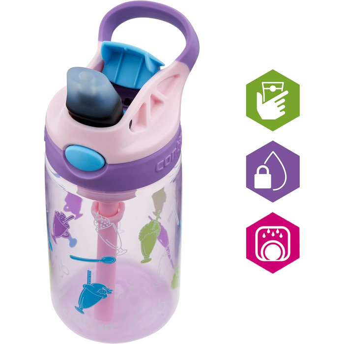 Дитяча пляшка для води Contigo Easy Clean Autospout з трубочкою, BPA-free, 420 мл, пластикова, герметична, легка у догляді, для школи та спорту (Strawberry Shakes)