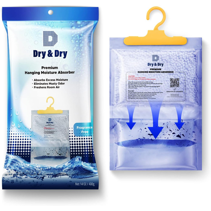 Преміум осушувач повітря Dry & Dry 8 шт. по 200 г для підвалу, шафи, ванної та пральні, підвісний вологопоглинач