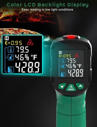 Інфрачервоний термометр SQECH з лазером, -50℃~600℃, регульований коефіцієнт випромінювання, кольорове підсвічування, для кухні, піца-печі, холодильника, промисловості (червоний, зелений до 800℃)