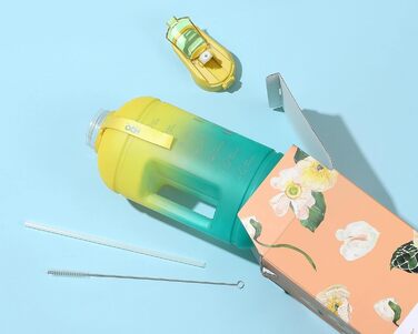 Пляшка для води H2O Capsule INSPO з часовою міткою і трубочкою, мотиваційна, герметична, харчовий пластик, з ручкою та ремінцем, колір Свіжа Авокадо, об’єм 1 галон