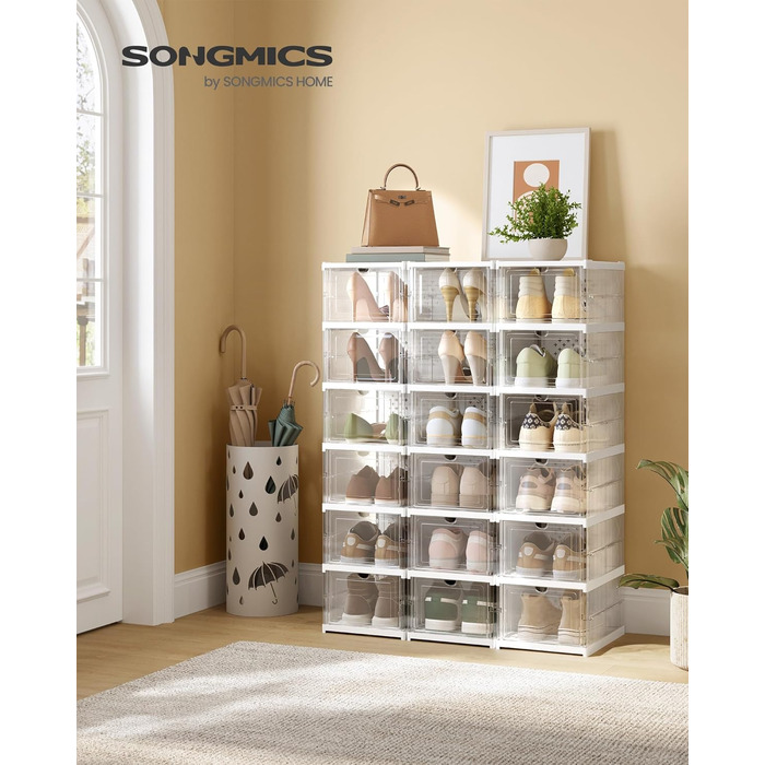 SONGMICS шафа для взуття 3 шт., 18 прозорих взуттєвих боксів, складна, портативна, органайзер для взуття до 46 розміру, швидка збірка, біло-прозора