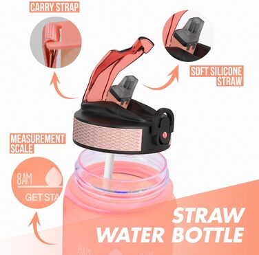 Пляшка для води 1 л BPA-free зі соломинкою та мірною шкалою, для велосипеда, спорту, школи, зручна для газованих напоїв, помаранчева та світло-зелена з помаранчевою кришкою